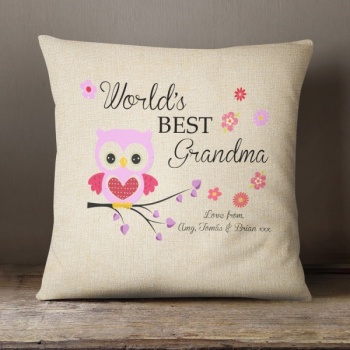 Personalised Cream Chenille Cushion - World's Best Grandma Owl